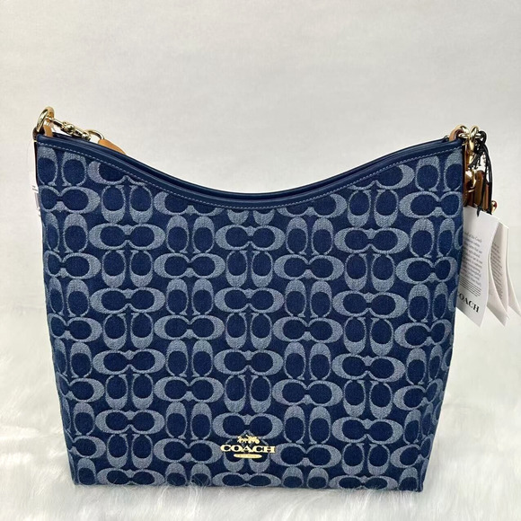Coach Laurel Large Shoulder Bag Crossbody Signature Gold Denim NWT CY697 - Picture 2 of 11
